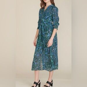 VERONICA BEARD Mirren Blue & Green Marble Print Dress Button Front Size 6